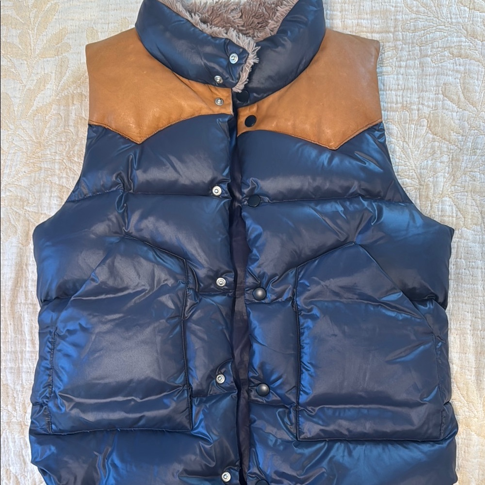 Blue and Brown Puffer Jacket with Quilted Design